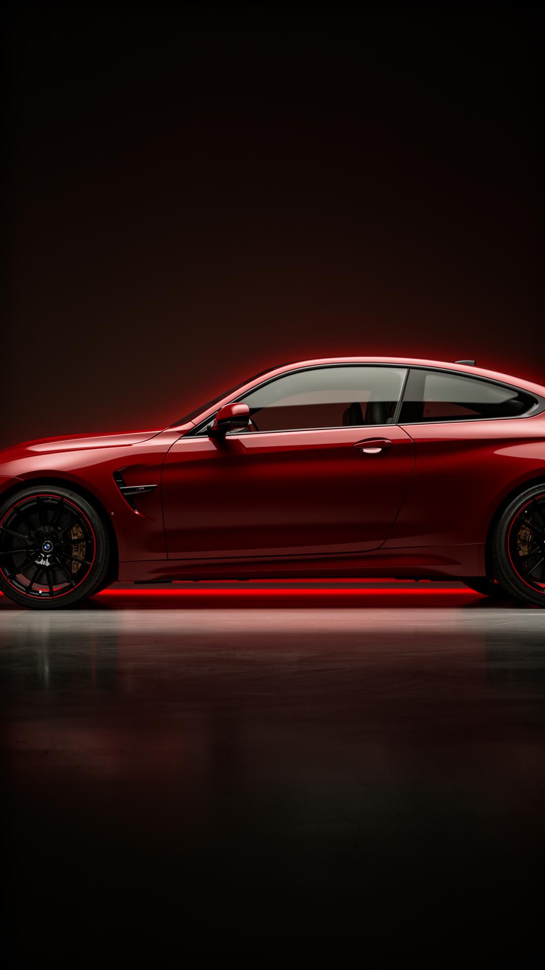 Deep red BMW M4 clearcoat catching warm studio light
