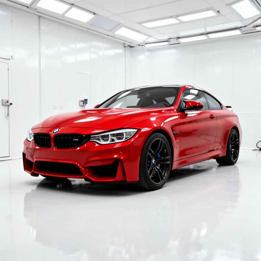 A black BMW M4 in a gallery-like detailing studio